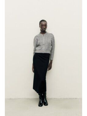 Zara Grey Pearl-Embellished Bomber Zip Cardigan